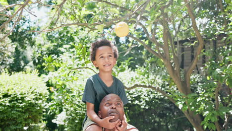 grandfather and grandson picking fruit in garden