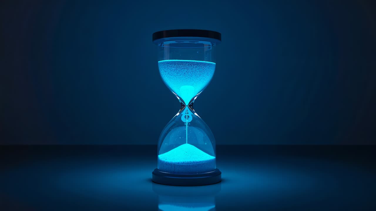 Blue sand trickling through glass hourglass on tabletop from opening frame, marking time