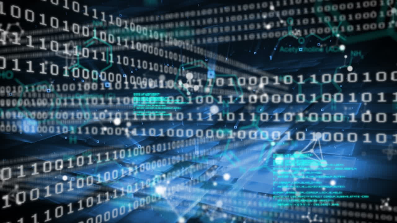 Animation of binary code and scientific data processing on black background