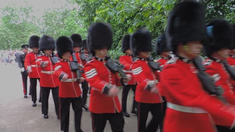 a company of the queens grenadier guards marches through st james park