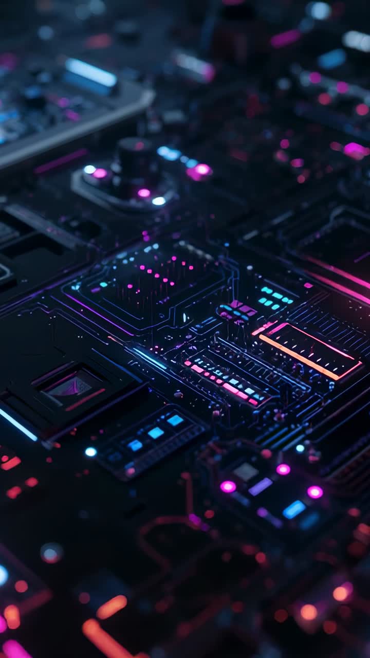 Vertical video: Shifting camera revealing PCB in studio, chip pulsing neon paths to show data flow