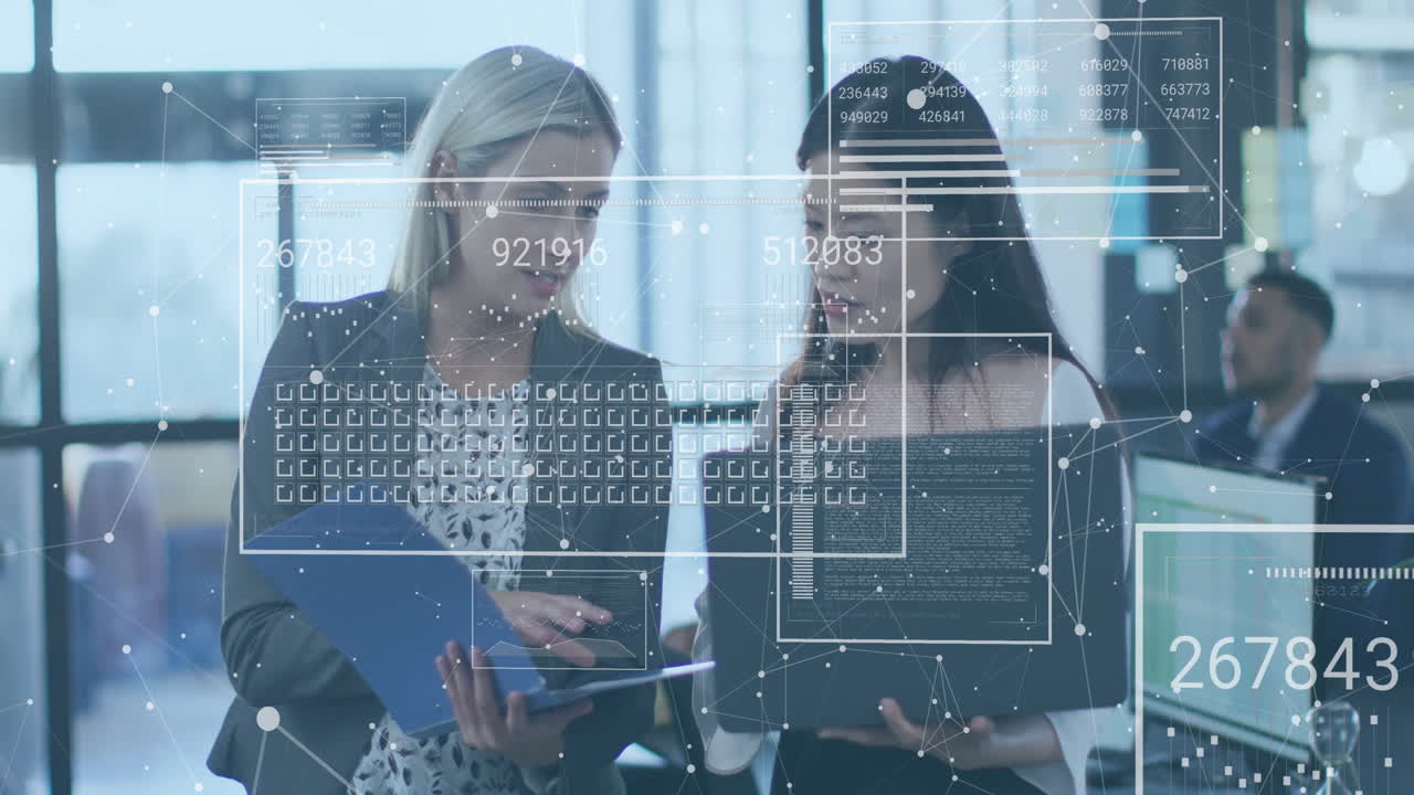 Animation of financial data processing over diverse business people in office