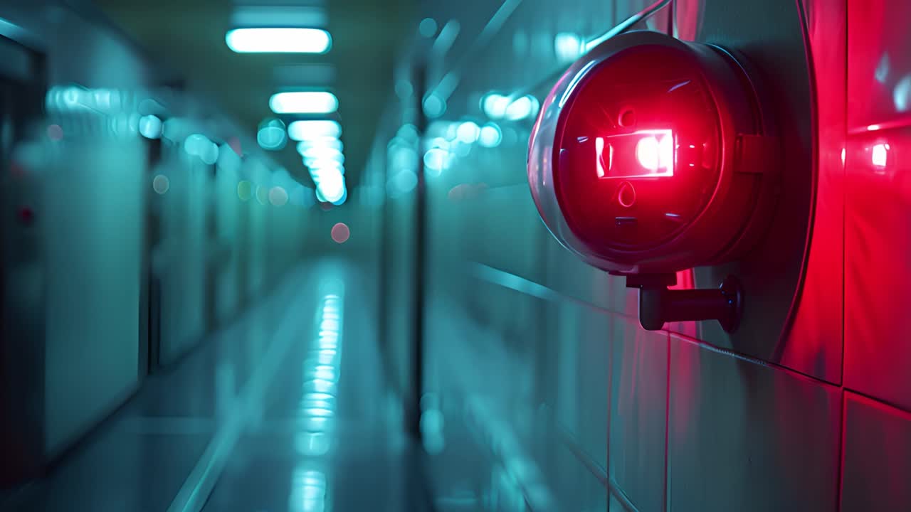 Red Fire Alarm Strobe Light in a Hallway