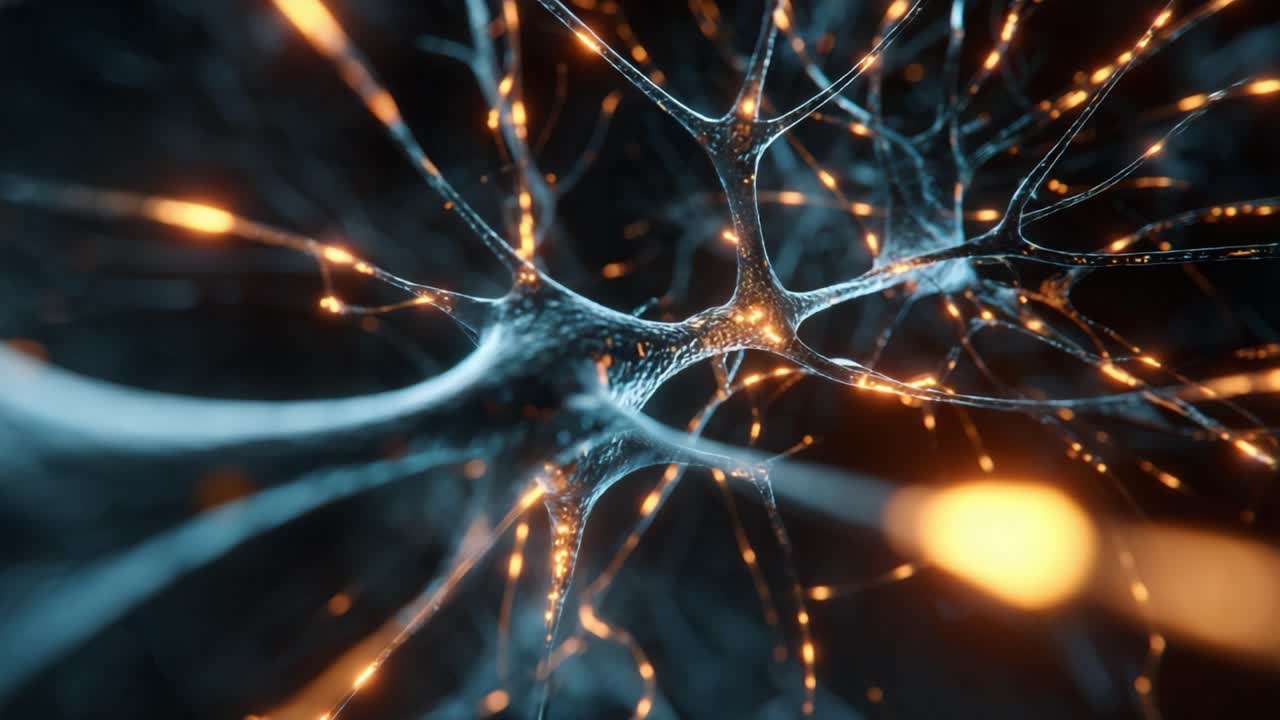 Luminous neuron transmitting electrical impulses through a neural network in a representation of brain activity. Showing the complex communication between nerve cells for science and medical concepts