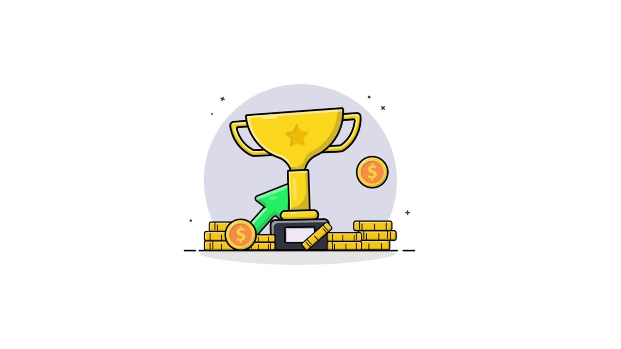 Animated Trophy with Coins and Rising Growth Arrow