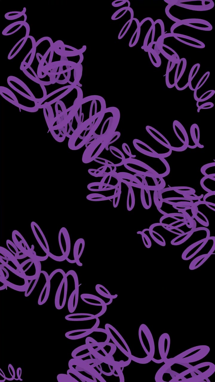 Playful purple hand-drawn spirals fall vertically against a dark background in a seamless loop.