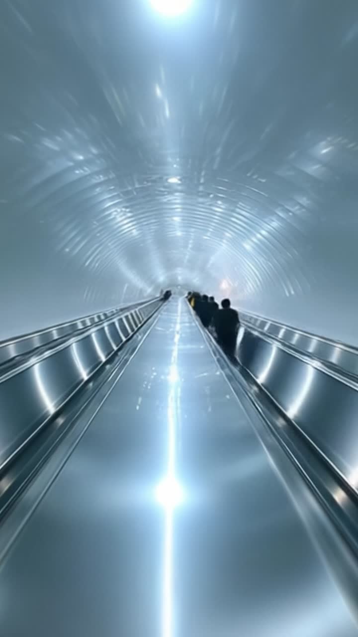 Una prospettiva futuristica di una folla che si muove attraverso un moderno tunnel di scale mobili a fuoco morbido, illuminato da luci brillanti e superfici riflettenti