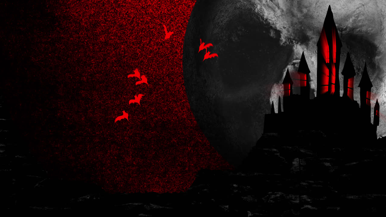 Animation of bats flying over halloween haunted house in black and red