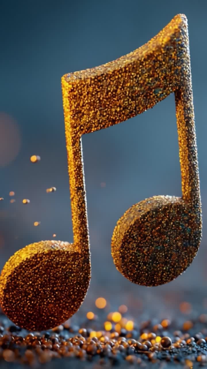 Una nota musicale dorata ipnotizzante catturata in movimento, circondata da particelle luccicanti e un effetto di sfondo onirico che evoca sentimenti di creatività e ispirazione.