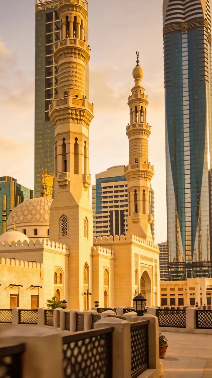 Video verticale: Telecamera che si muove a destra con panoramica, rivelando una moschea sul lungomare della città e mettendo in mostra i minareti.