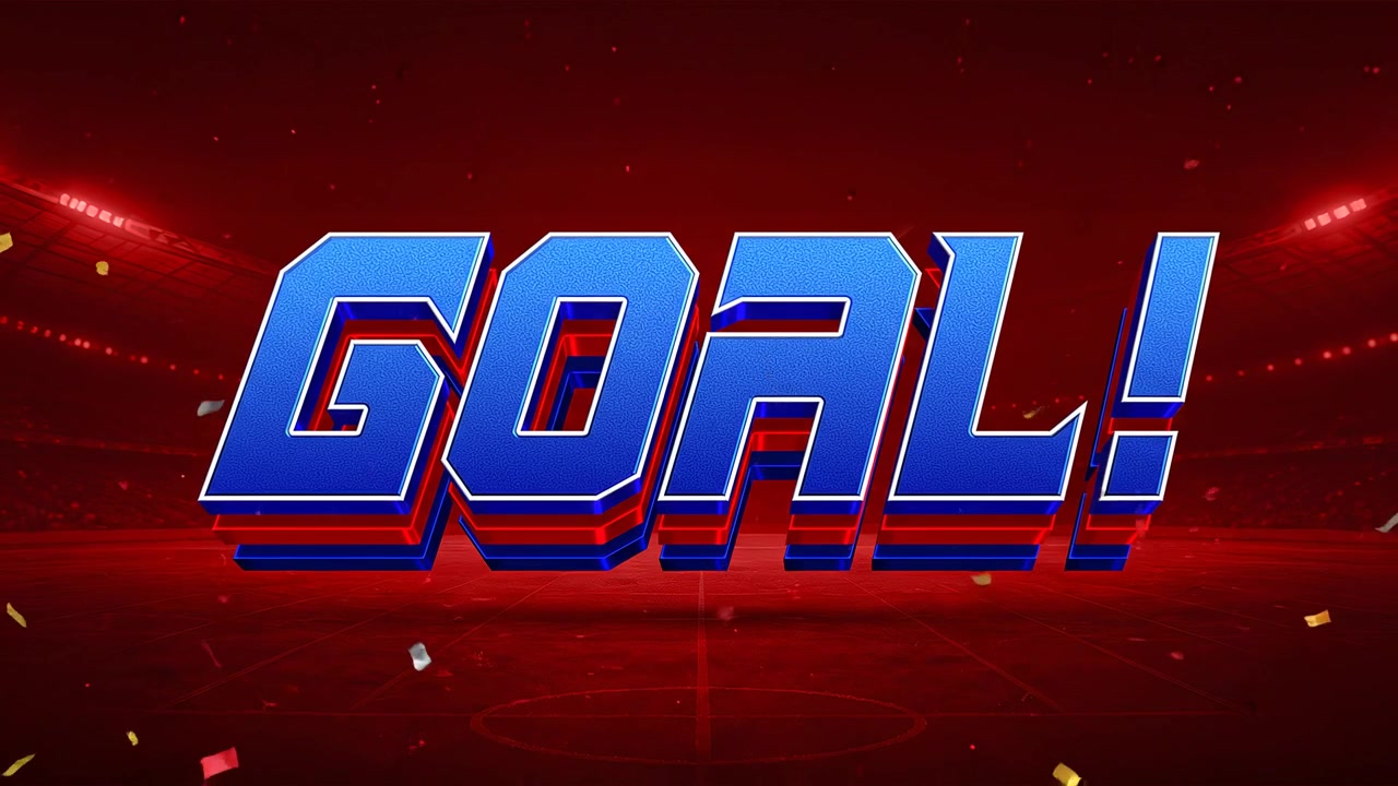 Goal Match Highlight Animation with Blue 3D Typography on Red Sports Background