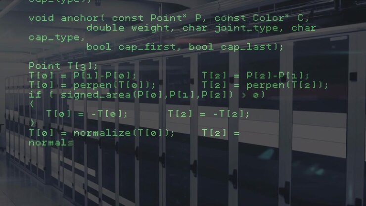 Kode Pemrograman C++ Bergulir di atas Latar Belakang Ruang Server