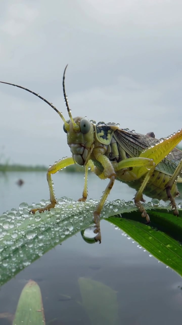Video verticale: Antenne sensoriali, cavalletta che muove la zampa posteriore e si bilancia su una foglia rugiadosa sopra uno stagno