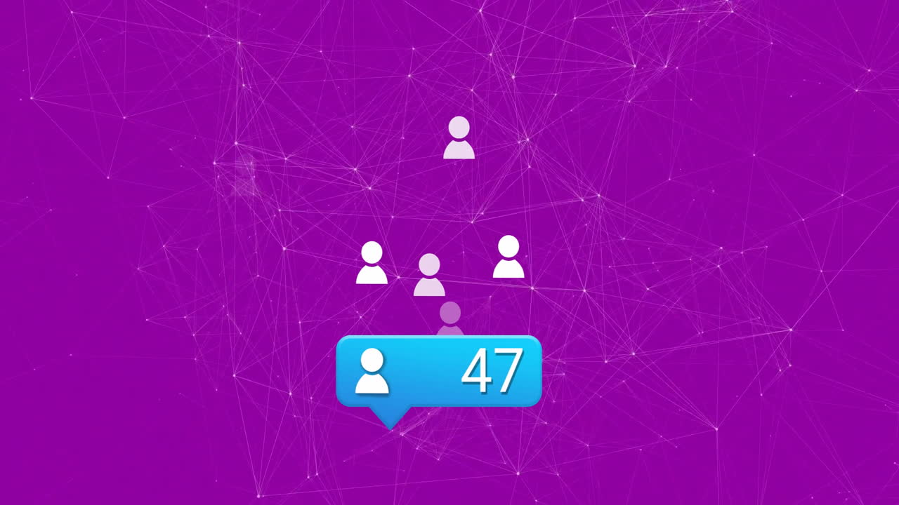 Displaying blue alert badge showing 43 user icons floating over purple network of glowing nodes