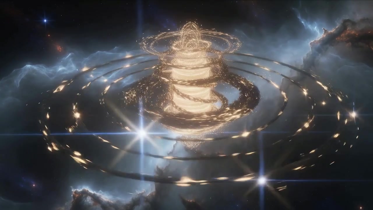 Panning camera showing golden spiral tower rotating in space, rings orbiting, star flare
