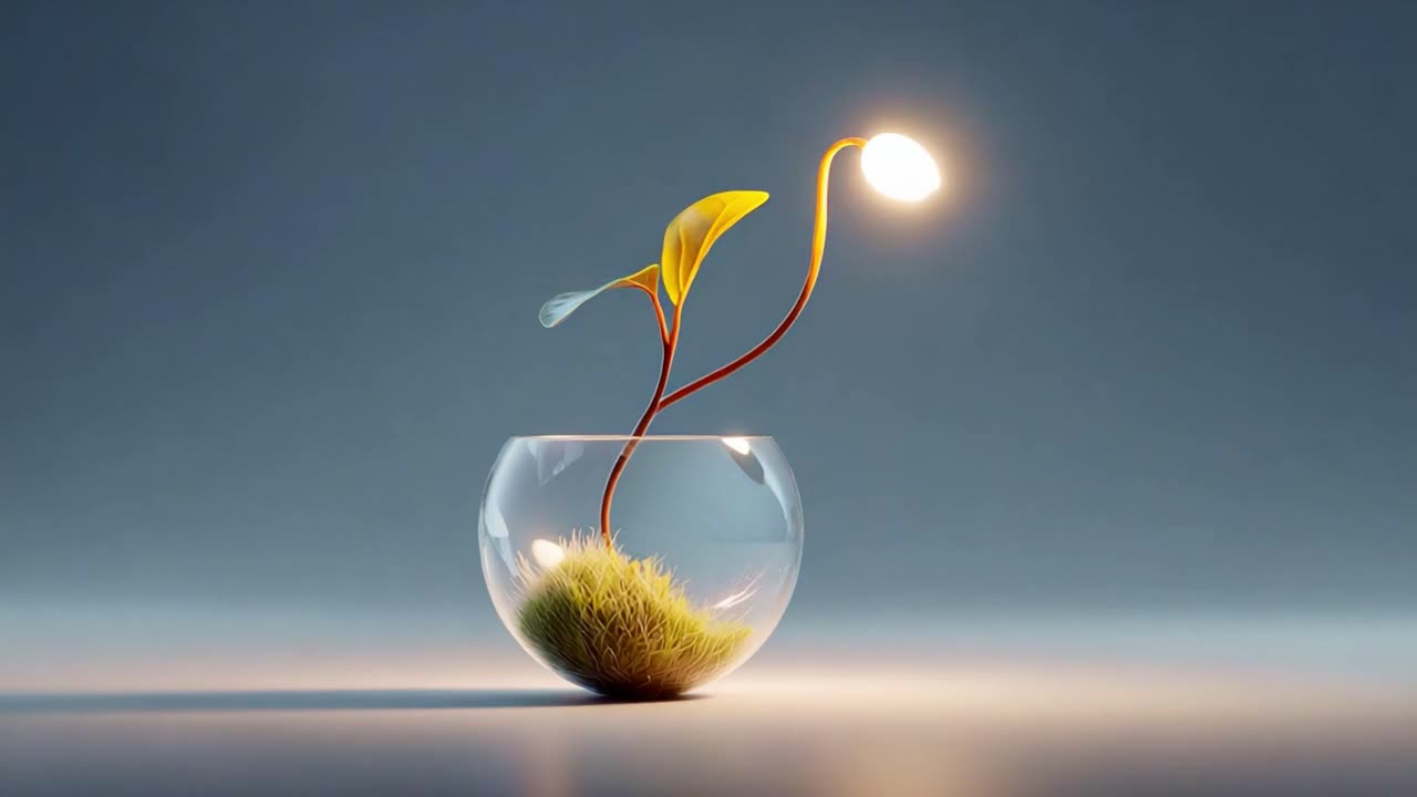 A Surreal Plant Awakens: A Growing Sprout with Illuminated Buds in a Glass Bowl, Signifying Nature's Resilience and the Beauty of Life in a Minimalist Setting