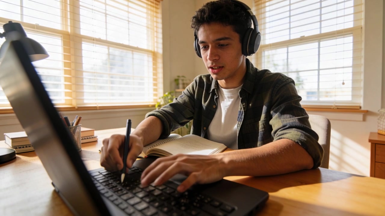 Typing student wearing flannel and headphones at home, using laptop, notebook and pen for studying