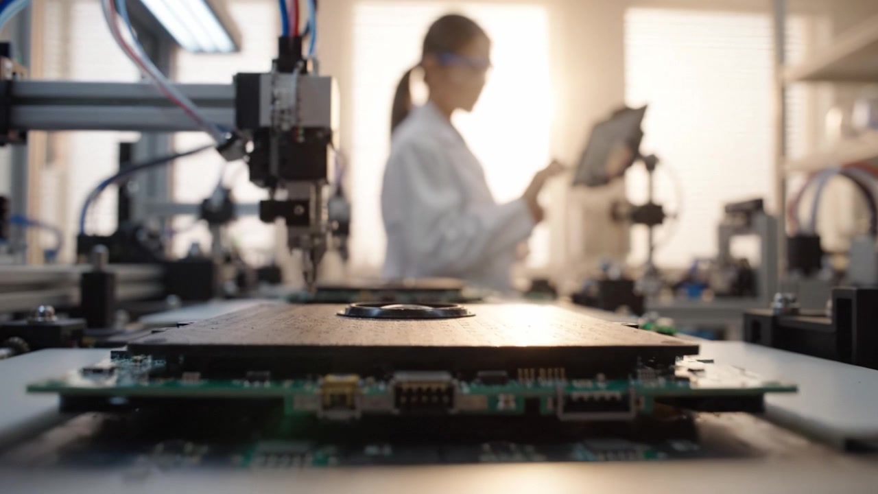 Exploring Advanced Technology: A Scientist in a Laboratory Setting Working with Circuit Boards and High-Tech Equipment in a Modern Research Environment
