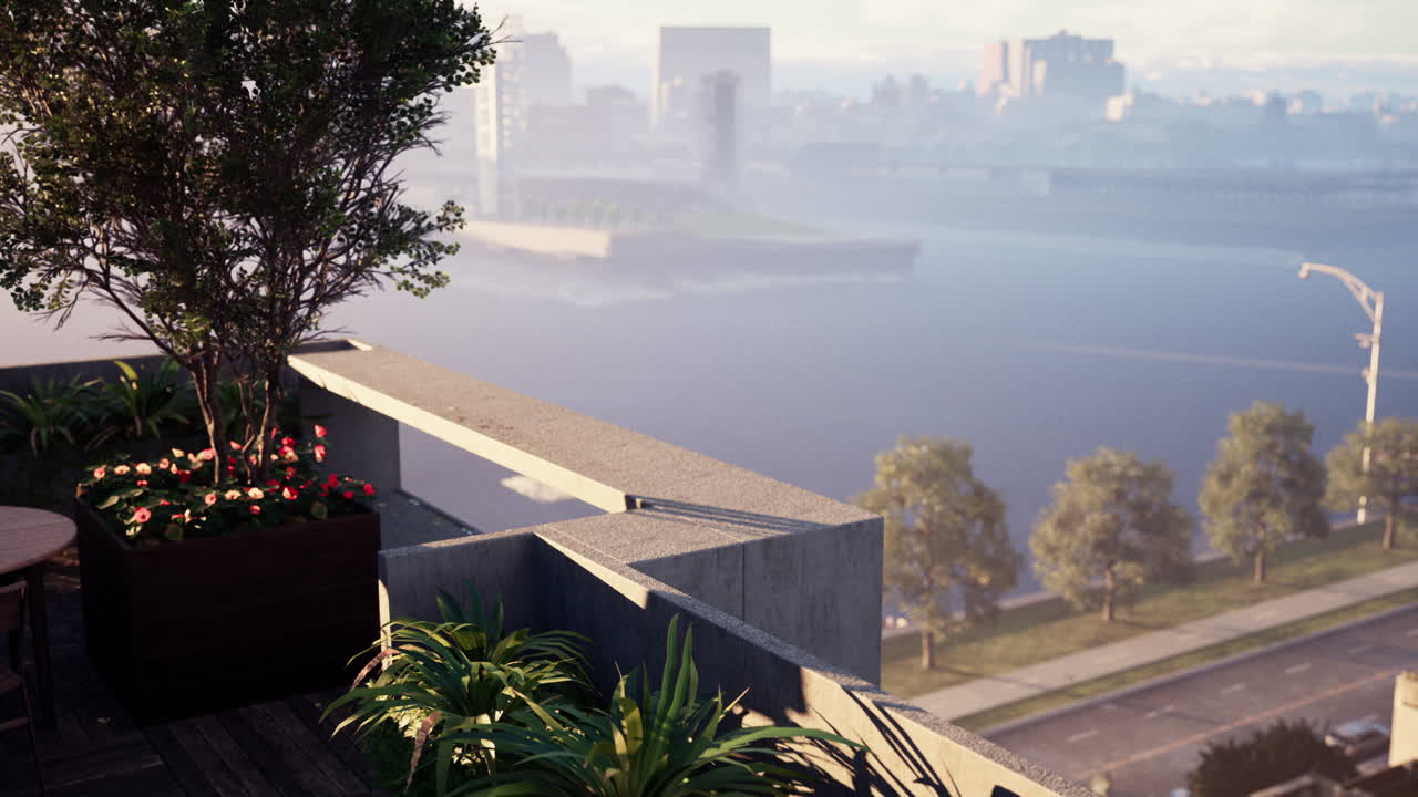 impresionante vista desde el techo del horizonte de la ciudad con exuberante vegetación