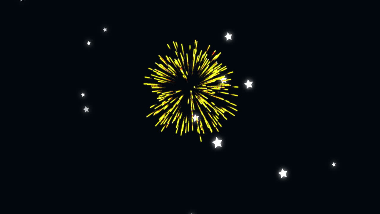 Animation of glowing stars and fireworks exploding against black background
