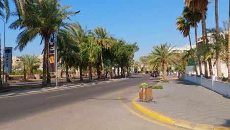 Walking-along-tree-lined-avenue-on-sunny-day,-Aqaba,-Jordan