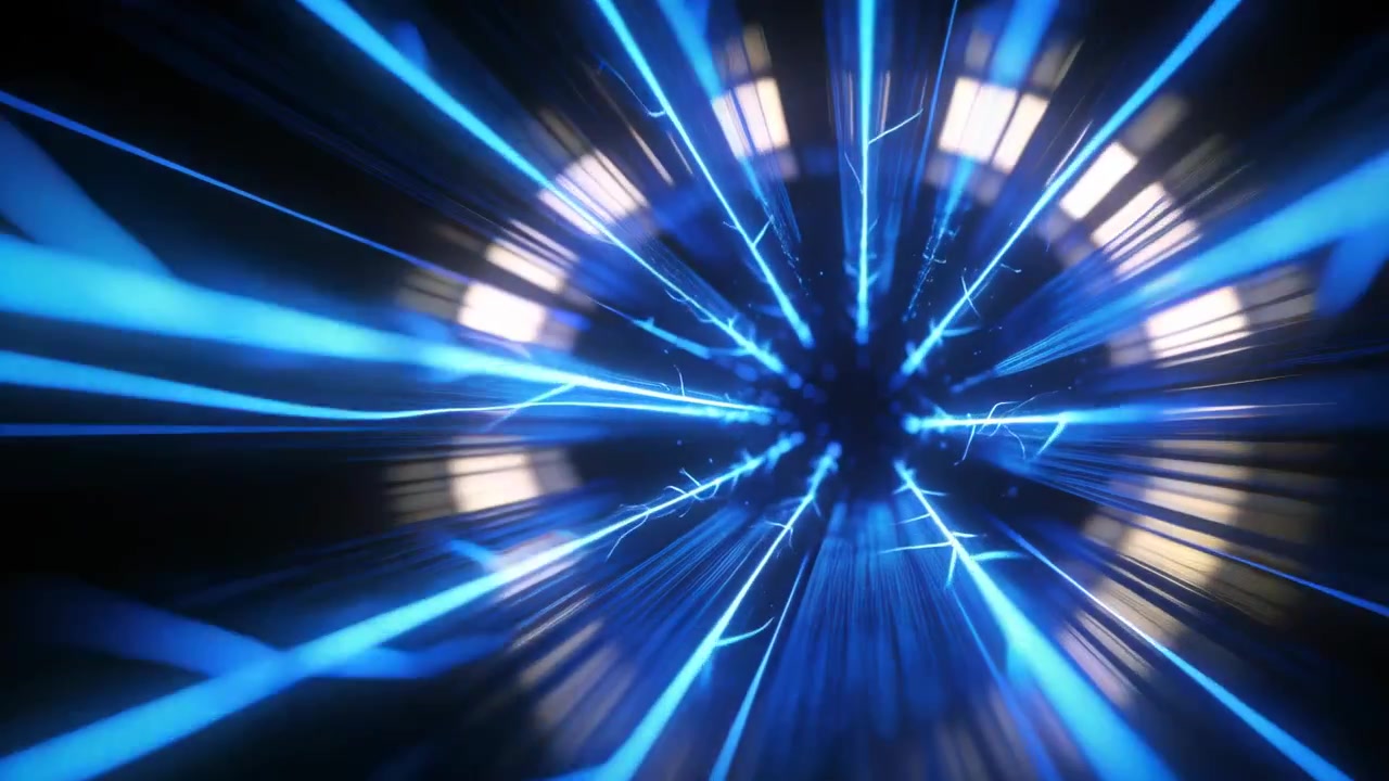 Zoom della telecamera, nucleo ad anelli e raggi blu che si estendono in un tunnel, filamenti che lampeggiano, muovendosi verso l'interno