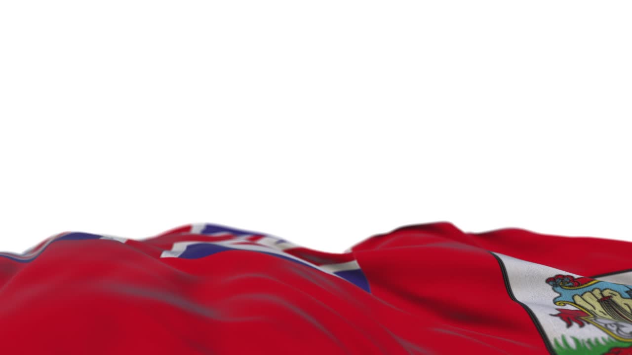 bandera de tela de bermuda ondeando en el bucle del viento. bordado de bermuda estampado bandera de tela balanceándose en la brisa. fondo blanco medio lleno. lugar para el texto. bucle de 20 segundos.