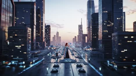 woman doctor in futuristic city using holographic interface