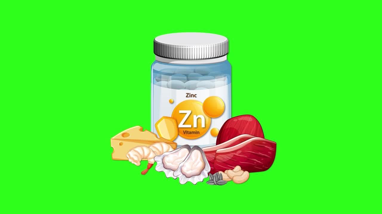 Zinc supplement bottle surrounded by cheese, meat, and garlic, smoothly appearing on green screen background