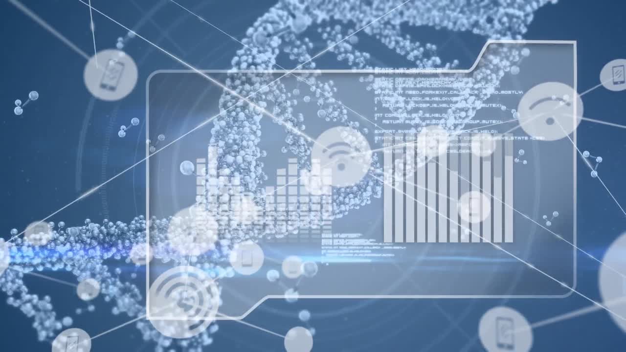 파란색 배경에 있는 dna 줄기 위의 연결 네트워크의 애니메이션과 데이터 처리