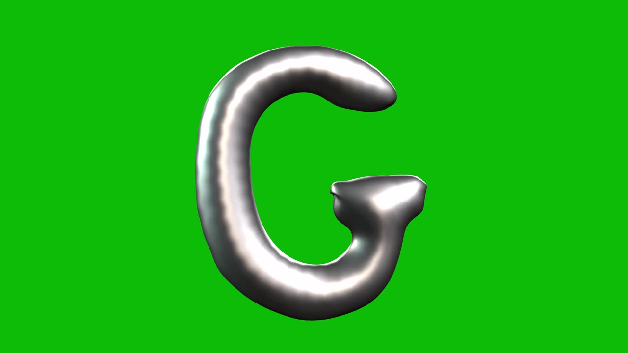 La lettera G, un palloncino in lamina argentata, si gonfia, ruota e si rivela su uno schermo verde in animazione 3D. Ideale per feste, party, compleanni e progetti di video editing.
