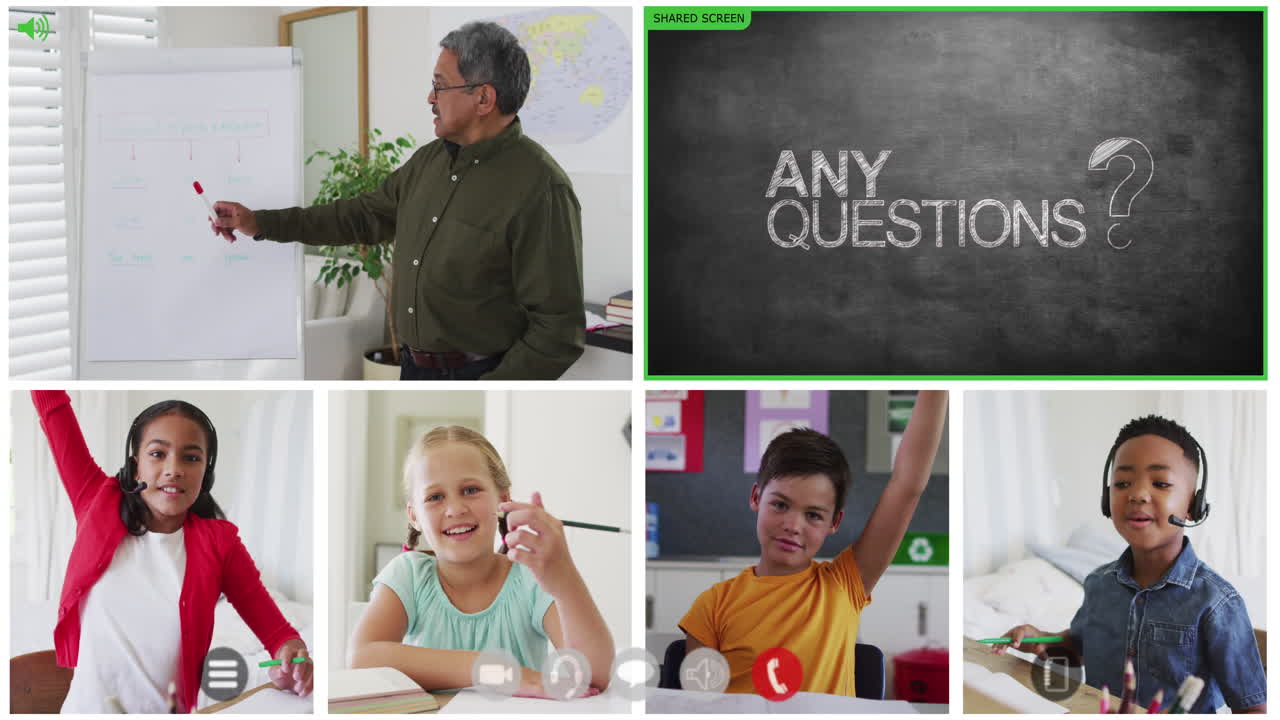 animación de pantallas de videollamadas de pizarra y diversos maestros y niños que tienen lecciones en línea