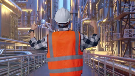 back view of a male engineer with safety helmet raising his hands celebrating while working at a vast oil refinery