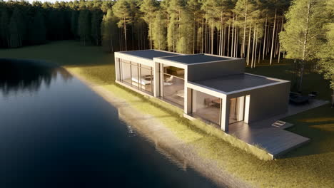 modern lake house surrounded by forest