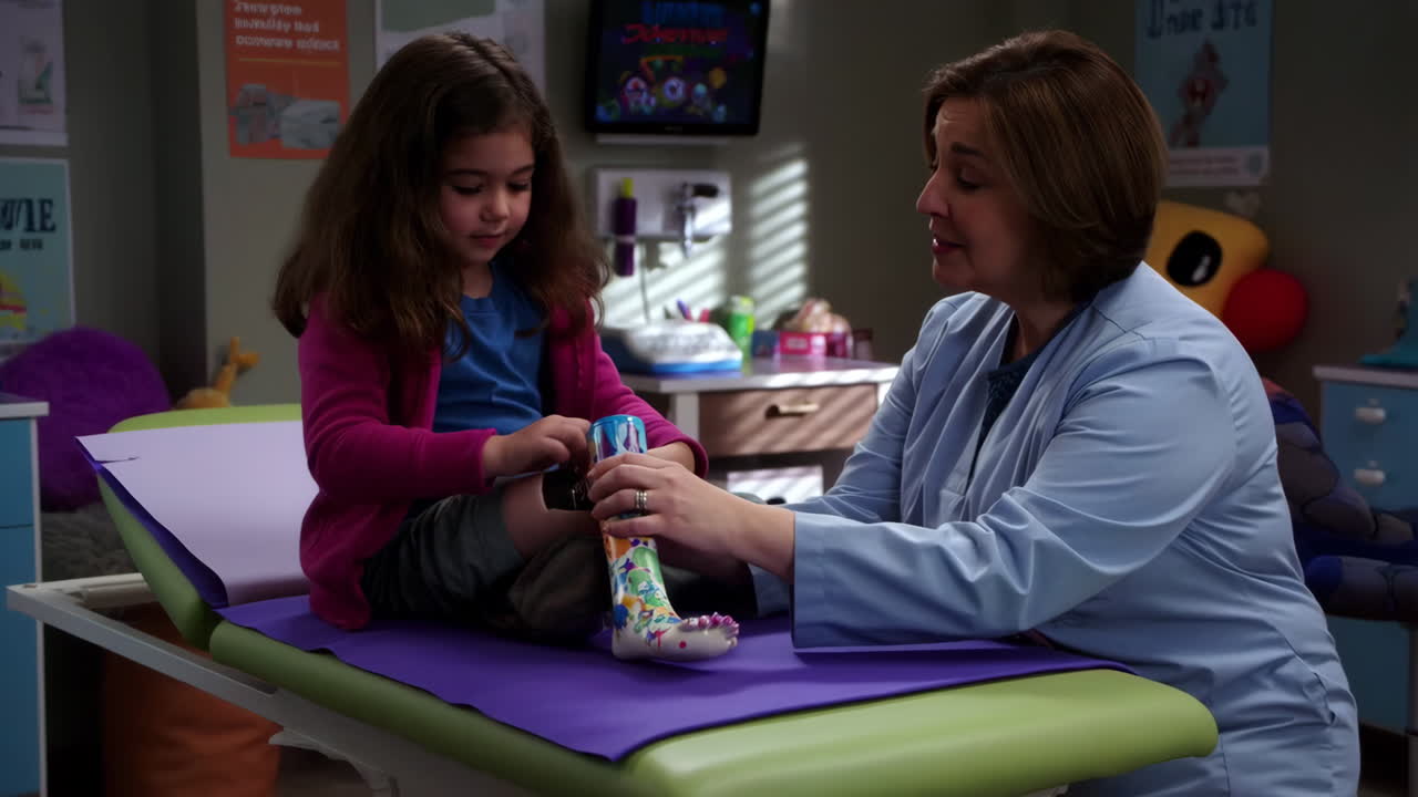 Girl with a cast on her leg getting examined by a doctor