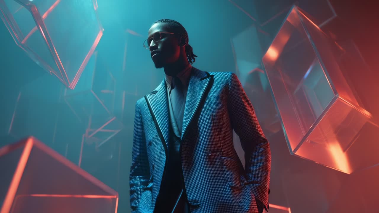 Stylish Individual Posing in a Futuristic Setting Surrounded by Geometric Shapes and Dynamic Lighting, Exuding Confidence and Elegance with a Modern Take on Fashion and Lifestyle Aesthetics