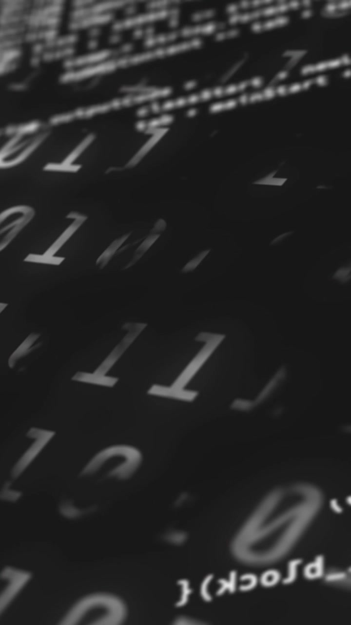Animação digital de processamento de dados sobre processamento de dados de codificação binária em fundo preto