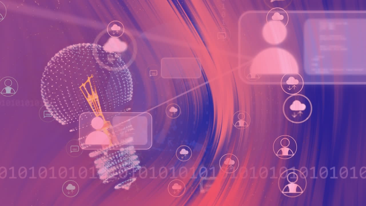 animación de la tarjeta de visita conectada y el icono en círculos, códigos binarios sobre la bombilla