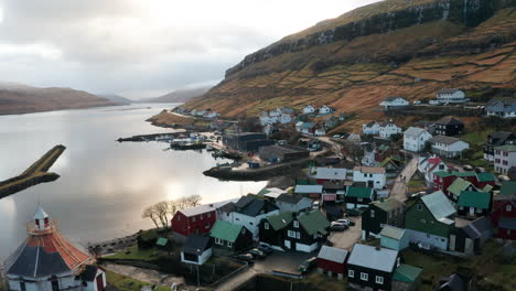 Faroe-Islands-4K-Aerial-of-River-at-Haldarsvík,-Streymoy