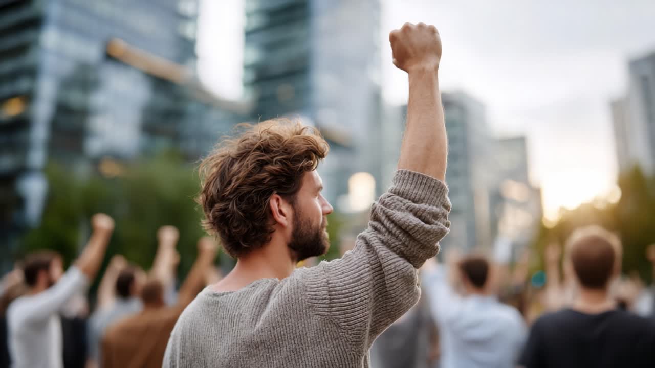Una persona determinata alza un pugno in segno di unità durante una manifestazione, mentre altre persone le stanno dietro, sottolineando l'azione collettiva per il cambiamento in un contesto urbano