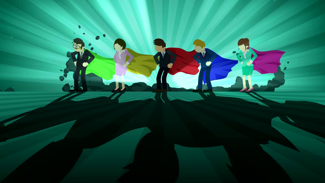 superhéroes en el centro de atención. símbolo del ganador del equipo de negocios. trabajo en equipo y concepto de éxito. animación de bucle cómico.
