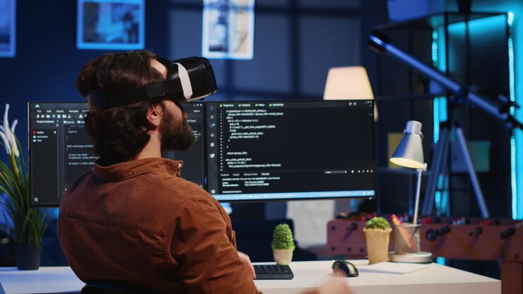 Remote software developer using VR goggles in personal office at home