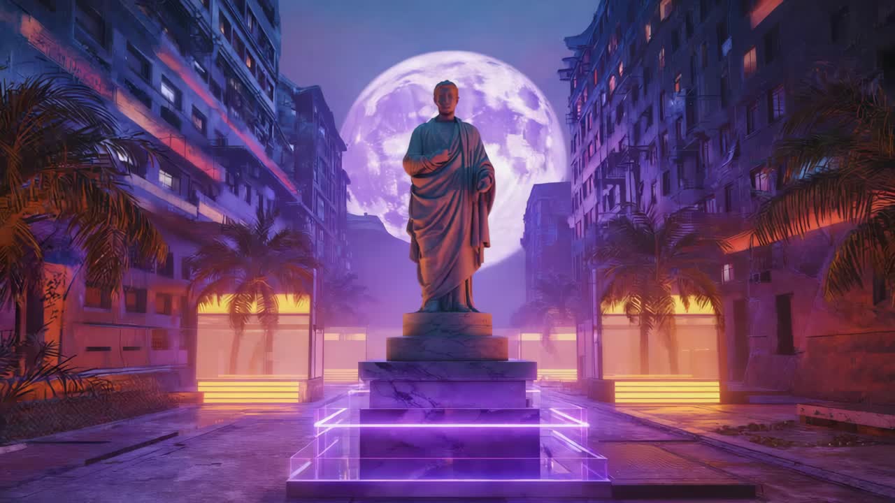 Futuristic Cityscape with Statue and Moon