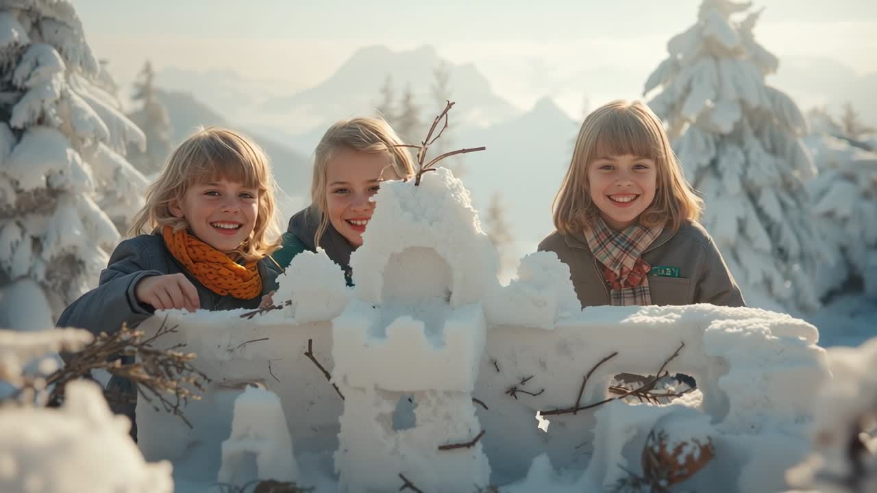 Camera moving closer causing children wearing winter jackets waving and placing twig on snow castle