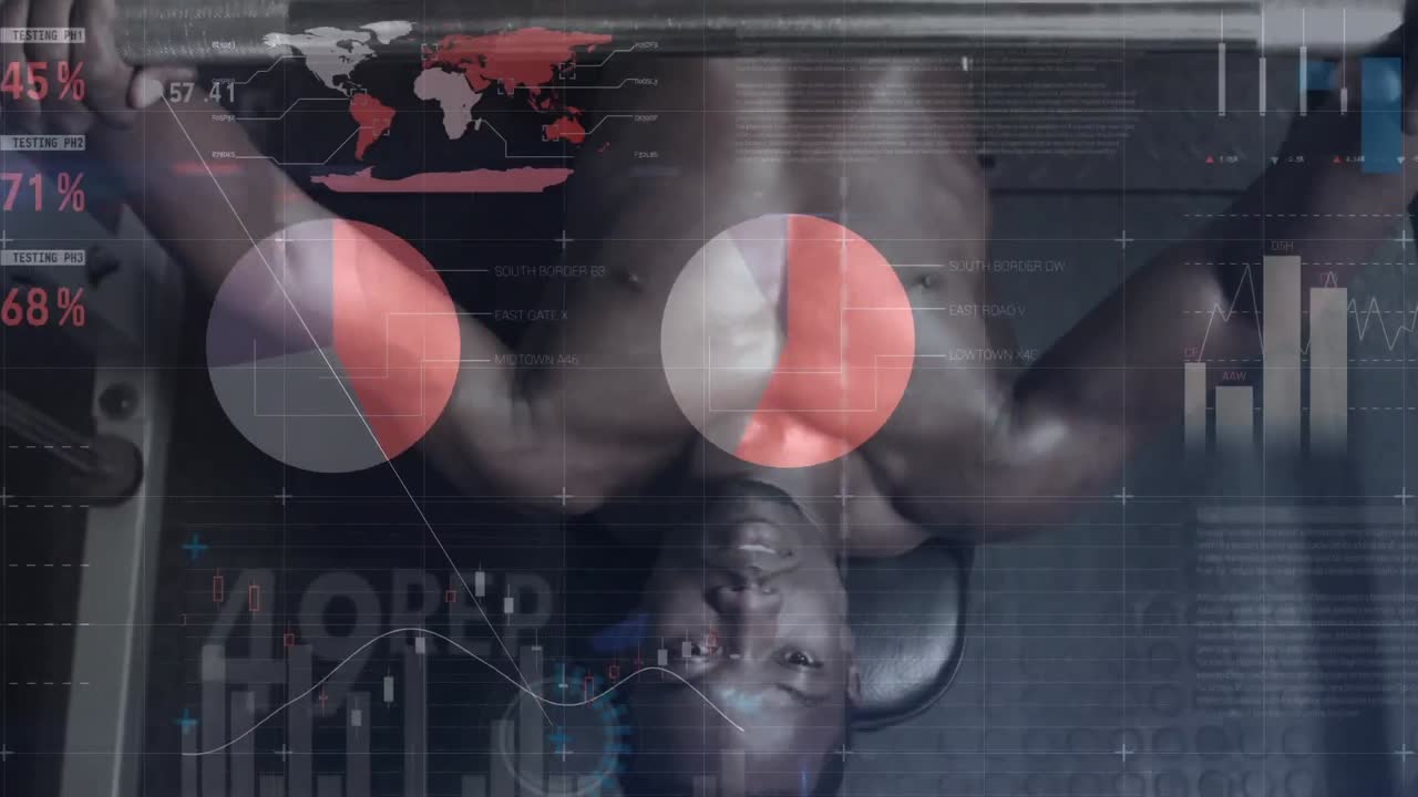Statistical data processing against african american man performing bench press exercise at gym