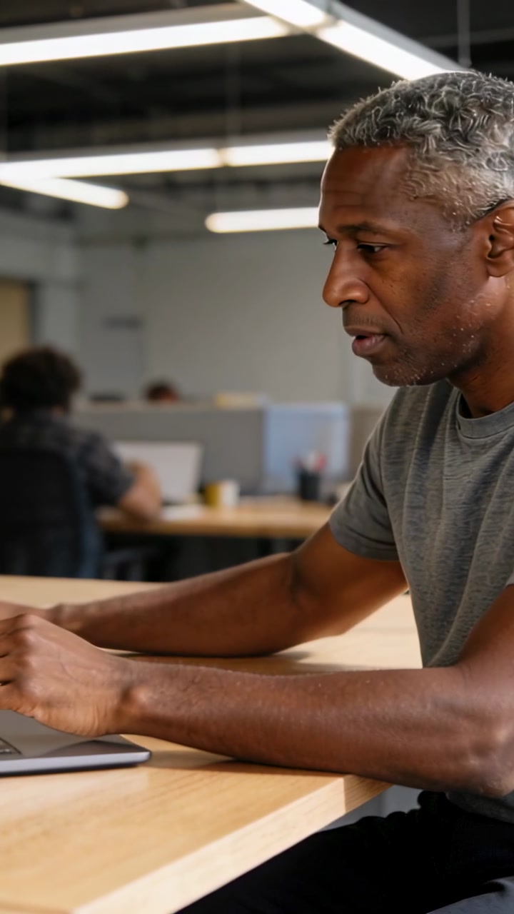 Vertical video: Office worker typing on laptop glancing at blue-shirt passer, resuming office work