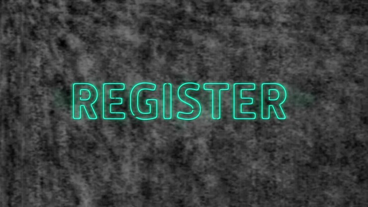 Animation of blue neon text, register, on grey textured background