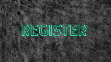 animation of blue neon text, register, on grey textured background