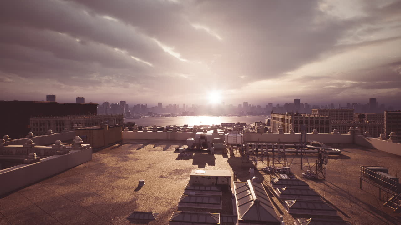 vista del atardecer sobre el horizonte de la ciudad desde el techo con nubes y paisaje urbano