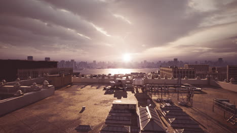 sunset view over city skyline from rooftop with clouds and urban landscape
